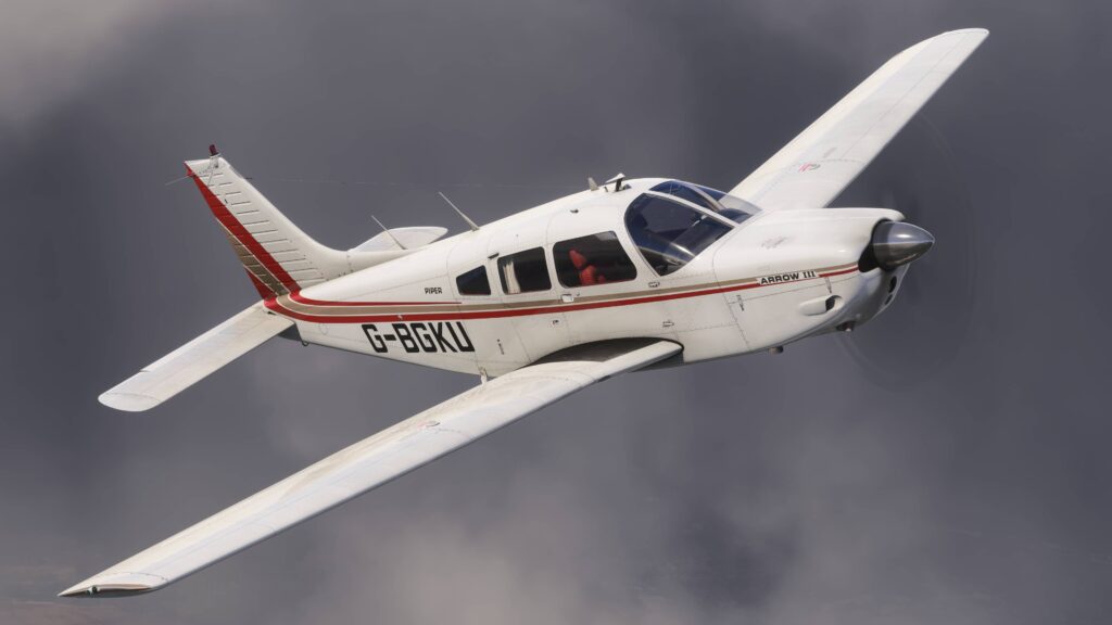 In-flight photograph of the Just Flight Piper PA-28R Arrow III