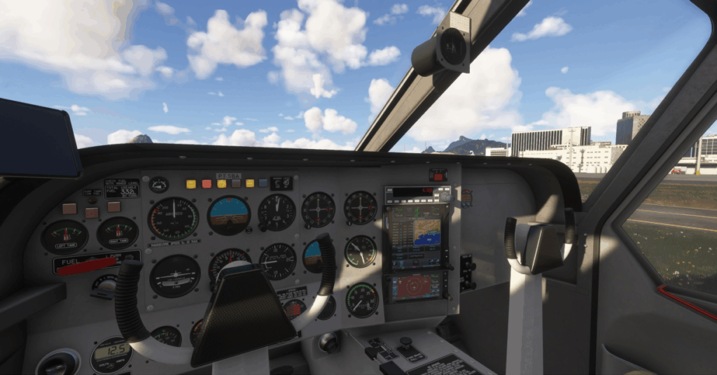 A view of the interior of the Airvan, specifically looking at the main cockpit's avionics.