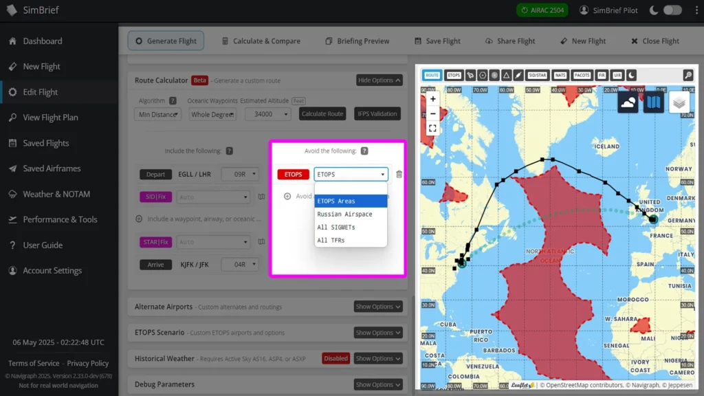 SimBrief by Navigraph ETOPS Avoiding