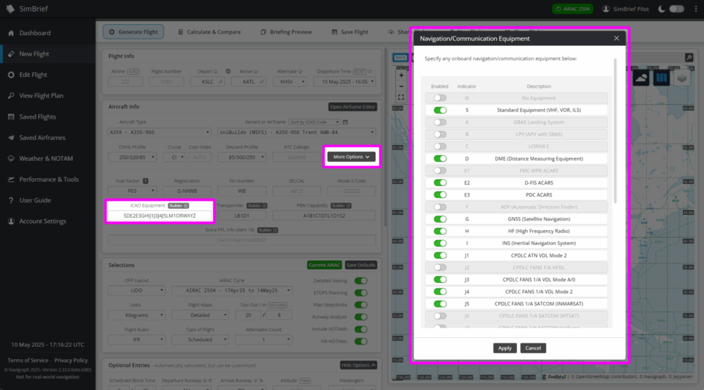SimBrief by Navigraph Aircraft Customization and History overview