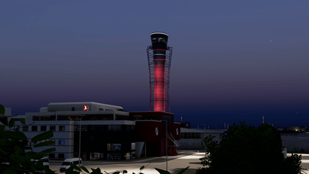 A look at the airport's tower in the nighttime.