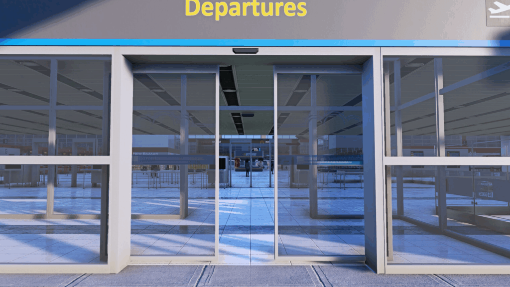 One of the many doors into the terminal, from the passenger's point of view.