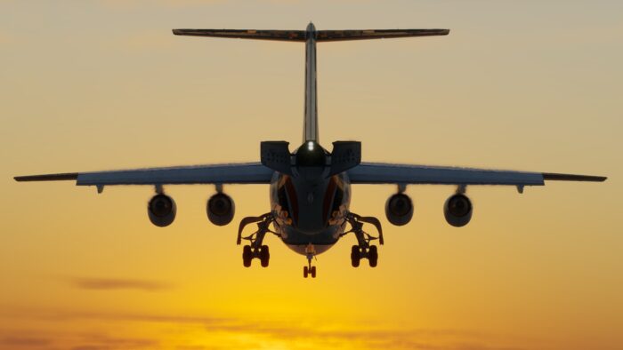 Just Flight BAe 146 in a landing configuration landing in the sunset.