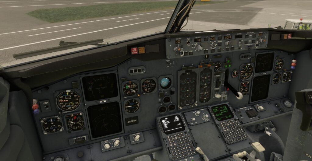 Image showing the cockpit of the CSS 737 with a flickering Captain's FMC