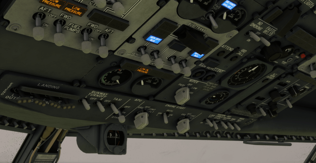 Image showing the bottom-left overhead panel on the CSS 737 with faulty fuel pumps and apu