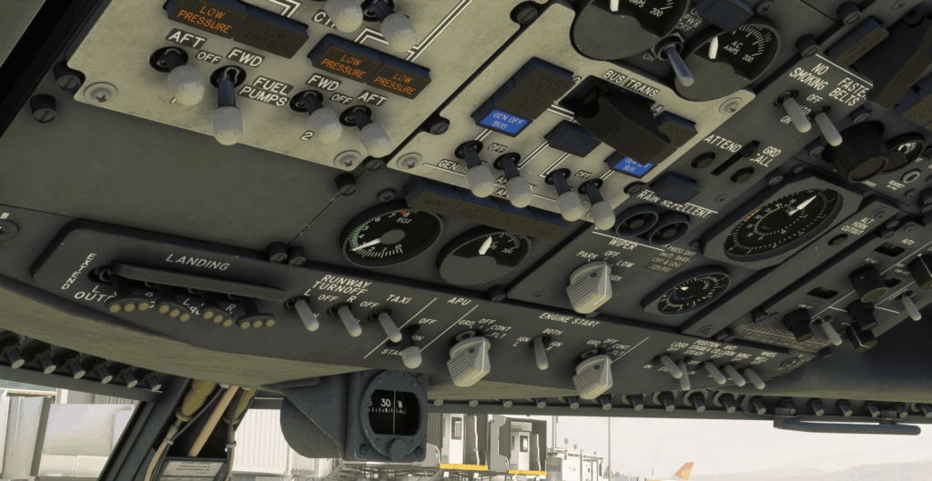 Image showing the bottom-left overhead panel of the CSS 737 with working fuel pumps and apu