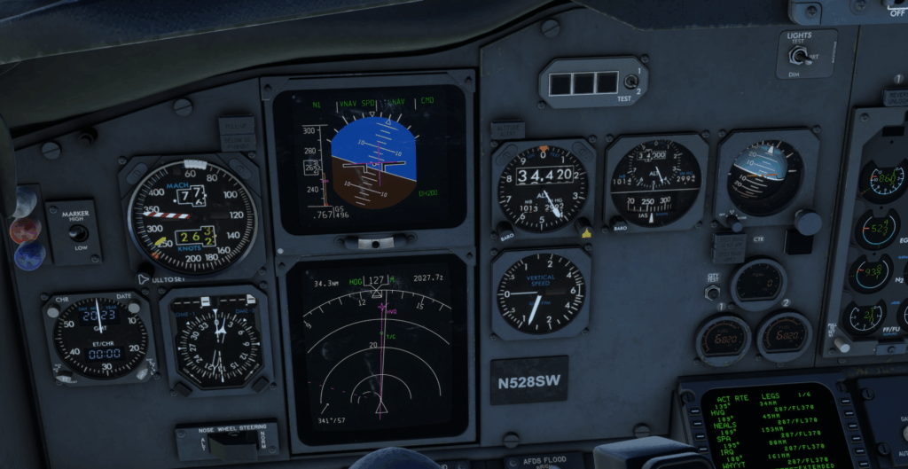 Image of the CSS 737's instruments showing the aftermath of a very steep turn where the plane is descending and not aligned with the flight path