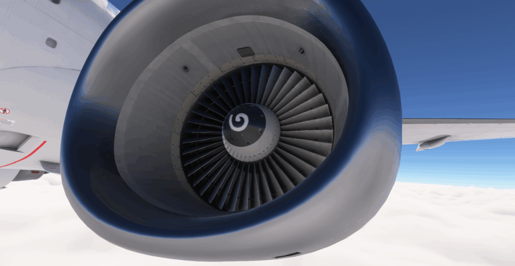 Image of the CSS 737's left engine, which appears stationary due to the lack of a blurred texture