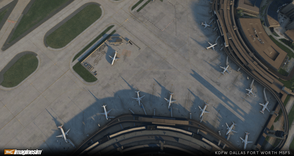 Imaginesim Dallas-Fort Worth international airport apron with static traffic.
