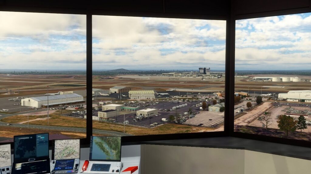 Globall Art Nashville International Airport control tower interior overlooking the apron.