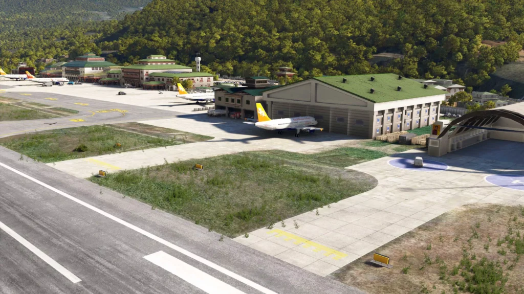 IronSim VQPR Paro International Airport apron, terminal, and hangars