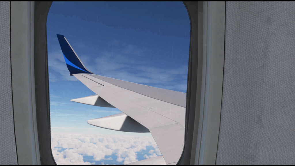 Screenshot from The BlueBird Simulations June Update showing a wing view from the Boeing 757