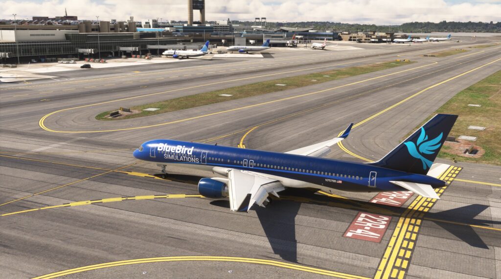BlueBird Simulations 757-200 with PW Engines with visible PBR during taxi after landing