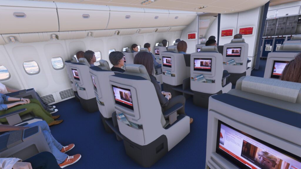 Modelled interior of LVFR A340-300 showing Business class seating with visible passengers