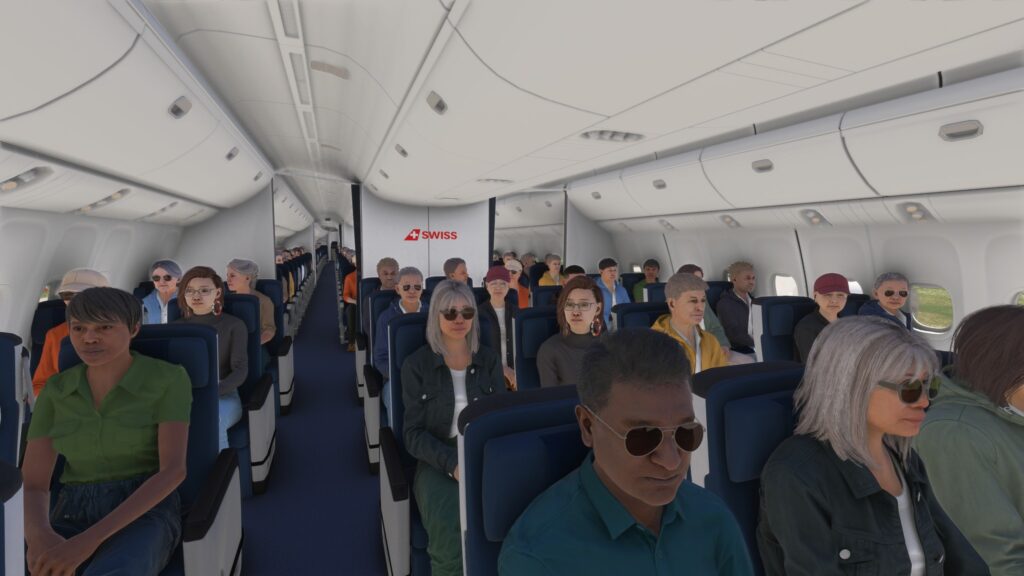 Passenger cabin of LVFR A340-300 for MSFS2024 showing visible passengers in seats