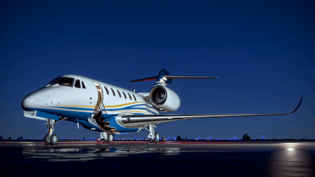 An external, nighttime view of the C750.