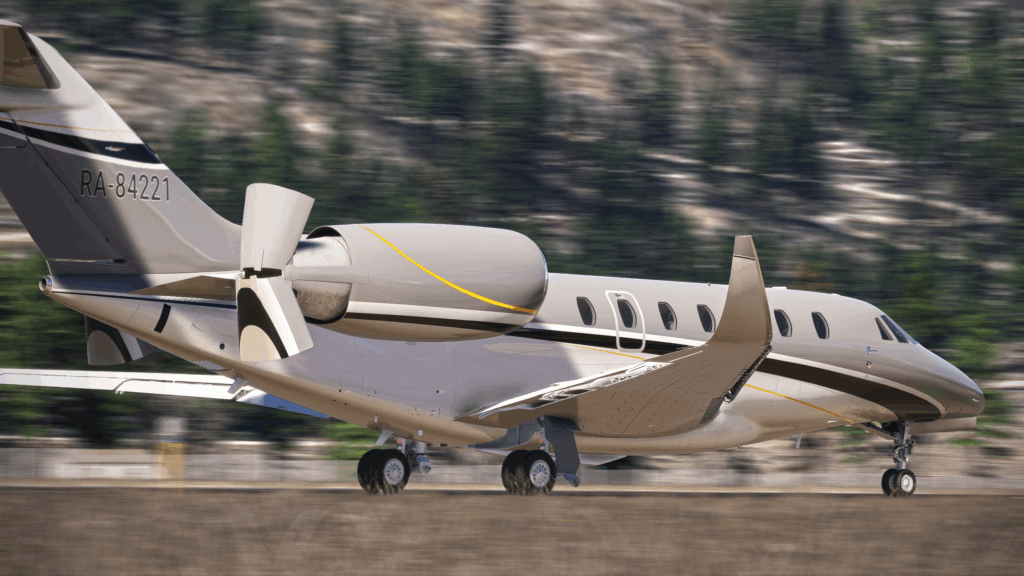 The Citation with reverse thrust deployed following a landing.