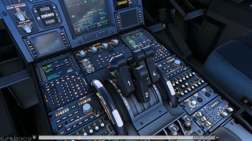 A340-600 cockpit with thrust levers shown