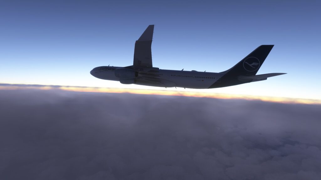 LatinVFR A340-300 sunset view of in flight Lufthansa aircraft
