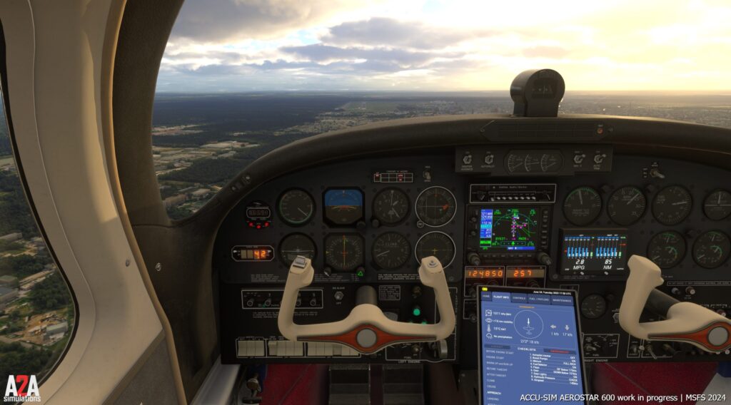 Image of cockpit layout of A2A Simulations Piper Aerostar 600 with GNS system and EFB Tablet