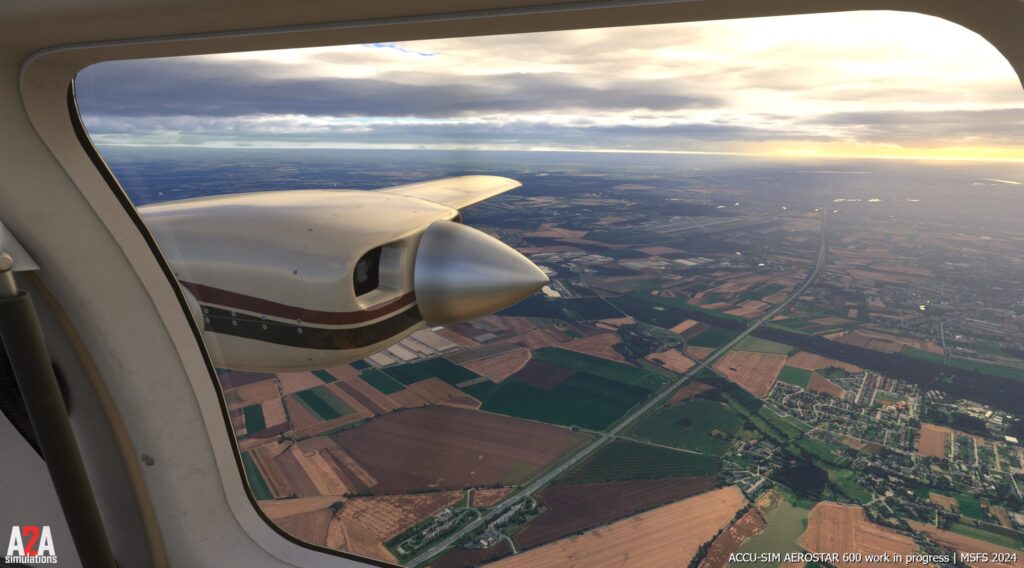 Wing and engine view of port side engine of Piper Aerostar 600 from A2A simulations