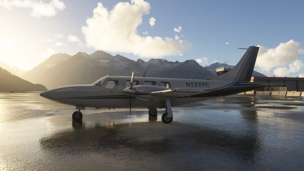 Piper Aerostar 600 from A2A simulations sat on a wet apron