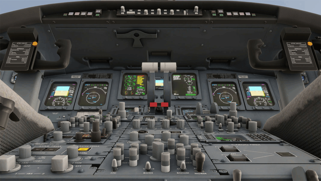A close-up of the CRJ radio stack, looking towards the front of the cockpit.
