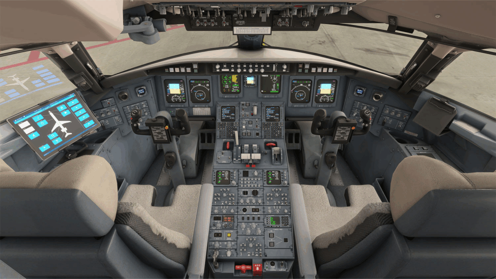 A wide-angle view of the CRJ cockpit.