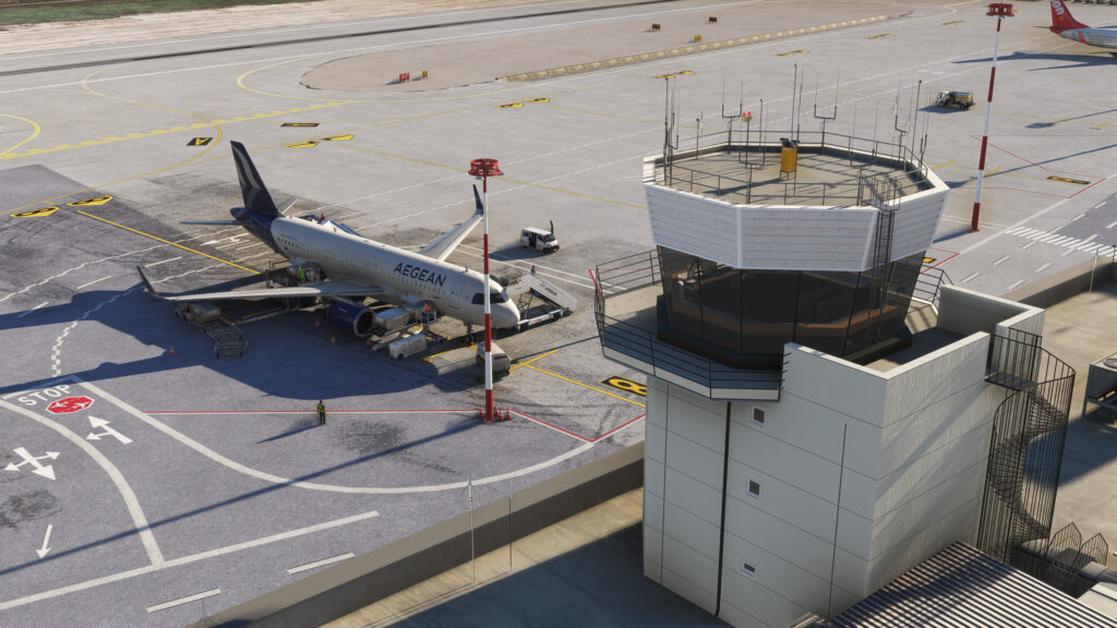 A photo from above looking down towards the Samos tower, and an aircraft parked.