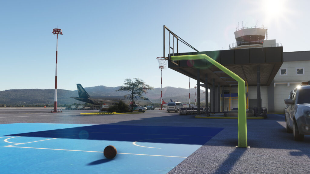 A shot of the basketball hoop neat the terminal.