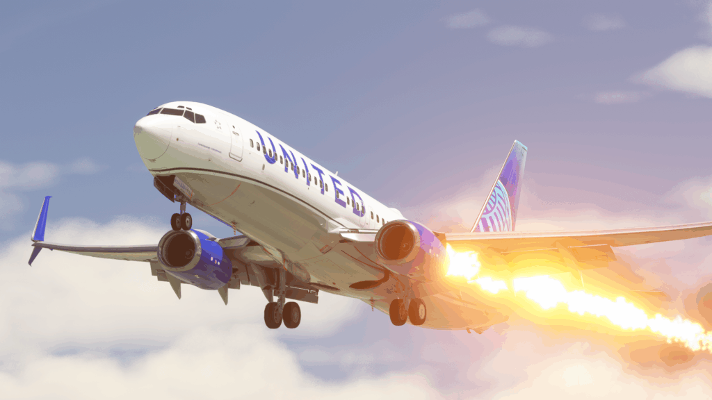 A United 737 experiences an engine fire, made visible with TFX effects.