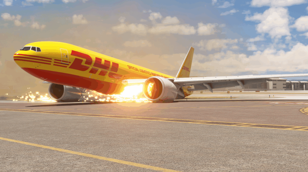DHL 777F scrapes the ground, creating sparks as a result of TFX.