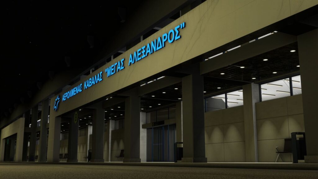 The Greek airport, Kavala, features enhanced night lighting.