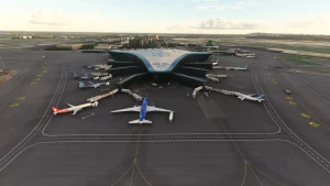 Aerial view from Heydar Aliyev International Airport's passenger terminal and apron (UBBB)