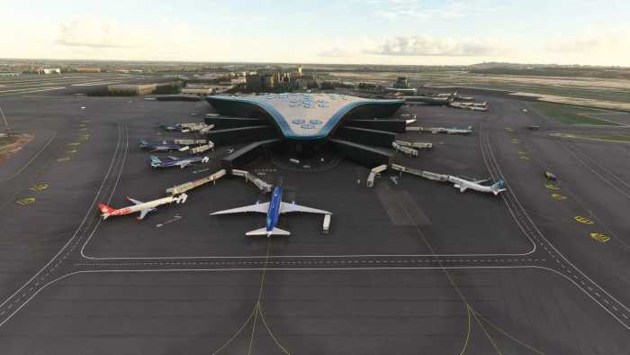 Aerial view from Heydar Aliyev International Airport's passenger terminal and apron (UBBB)