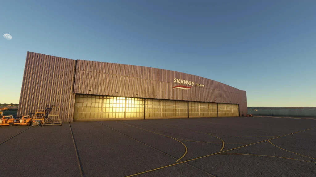 Silkway Technics hangar at Ac Design's Baku Heydar Aliyev international airport during sunrise. 
