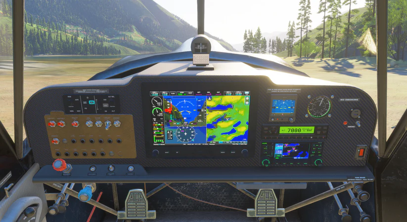 The cockpit of the Scout, modelled with a glass cockpit, in Microsoft Flight Simulator.