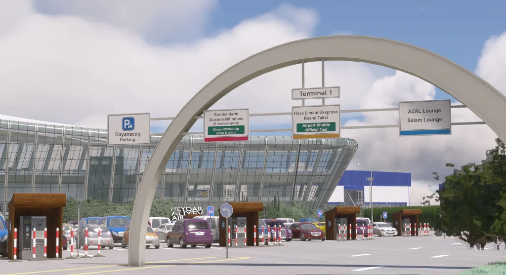In sim view of Azrsim' rendition of Baku's Heydar Aliyev International Airport futuristic glass terminal, departure carpark entry road. 
