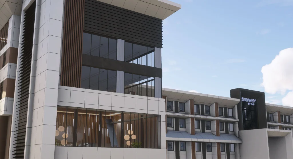 In sim view of Azrsim' rendition of Baku's Heydar Aliyev International Airport silkway group headquarters.