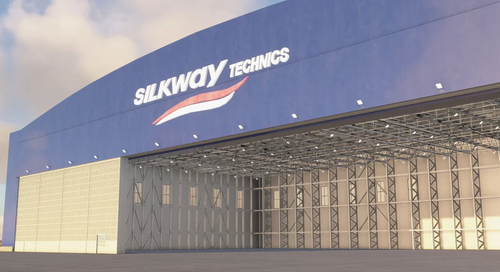 In sim view of Azrsim' rendition of Baku's Heydar Aliyev International Airport Silkway technics hangar. 