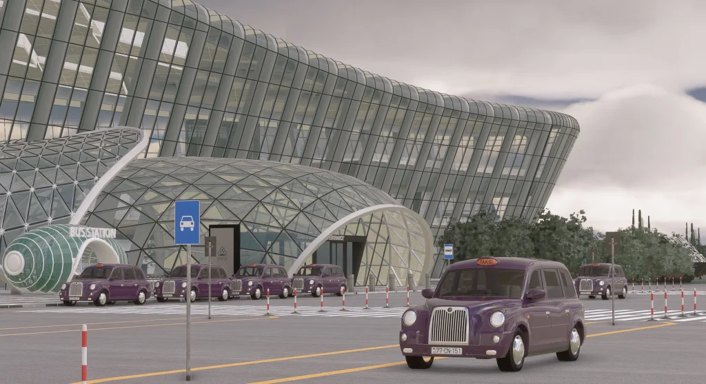 In sim view of Azrsim' rendition of Baku's Heydar Aliyev International Airport futuristic glass terminal transportation entrance with taxis lined-up. 