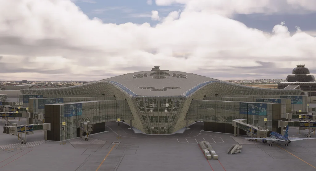 In sim view of Azrsim' rendition of Baku's Heydar Aliyev International Airport futuristic glass terminal. 