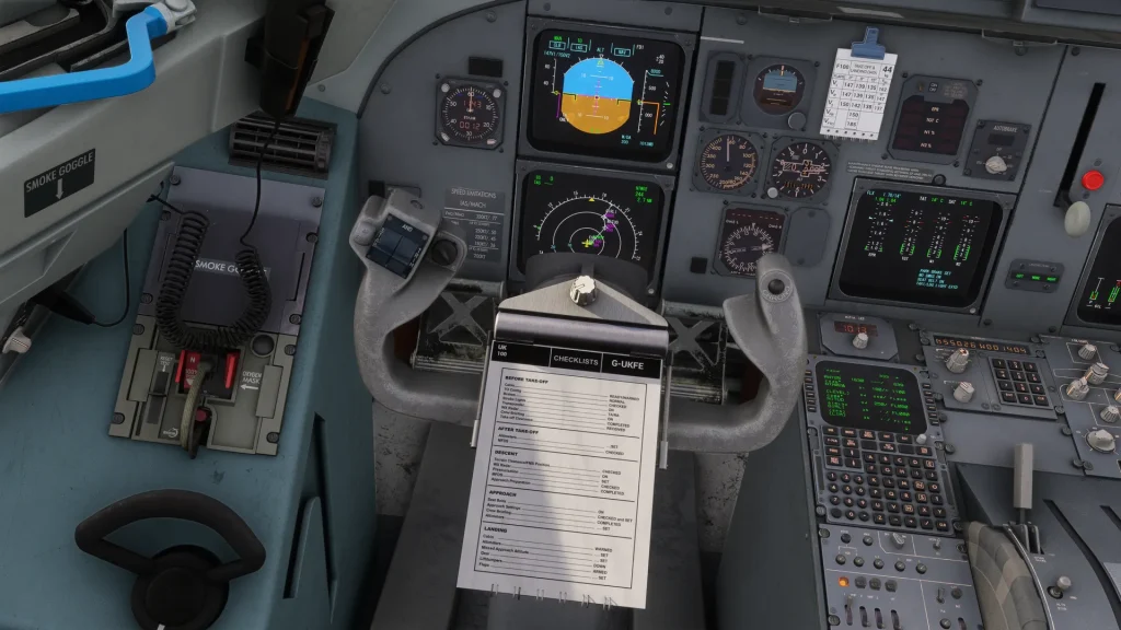 In sim view of Just Flight's Fokker F100 / F70 Interactive paper Checklist on yoke. 