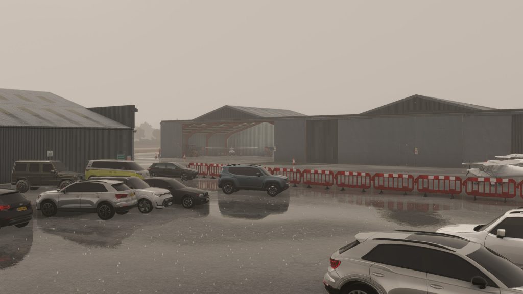Burning Blue Design's Welshpool airport for MSFS 2020 and MSFS 2024, in sim view of the apron on a rainy day. 