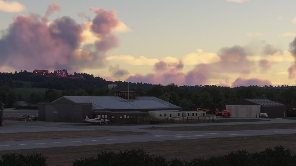 Burning Blue Design's Welshpool airport for MSFS 2020 and MSFS 2024 apron at dawn or dusk. 