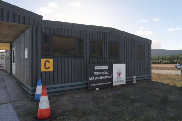 Welshpool airport for MSFS by Burning blue design, view of the airport GA terminal entrance.