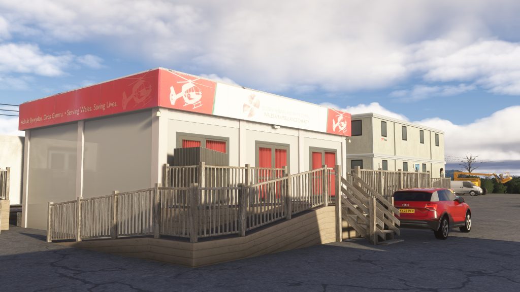 Burning Blue Design's Welshpool airport for MSFS 2020 and MSFS 2024. in sim View of the welsh air ambulance office.