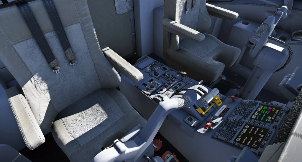 X-Crafts ERJ Family 2.0 cockpit seat and pedestal panel preview.