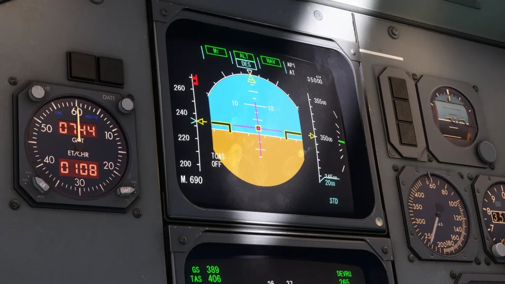 In sim view of Just Flight's Fokker F100 / EFIS Primary Flight Display (PFD) with Flight Directors turned on