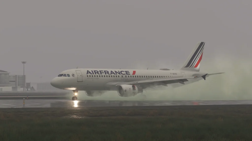 Fenix Airbus 321 in Air France livery on runway after landing with revers thrust an Parallel 42 SIMFX immersion pack's water effect